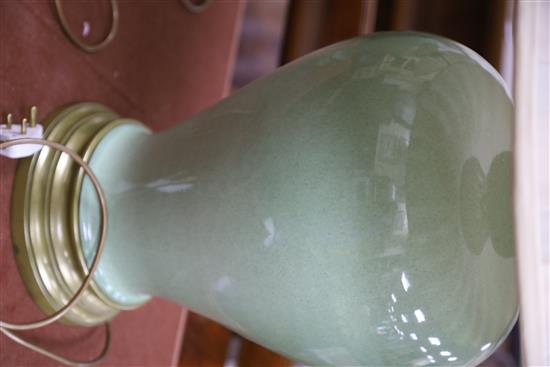 Two modern Chinese celadon vase table lamps with silk shades